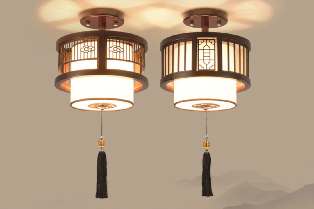 Elegant Chinese Round Tassel Wood Fabric Ceiling Lamp